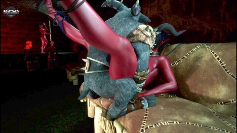 Devil girl gives head and rides a black goat demon in club hell fyre scene