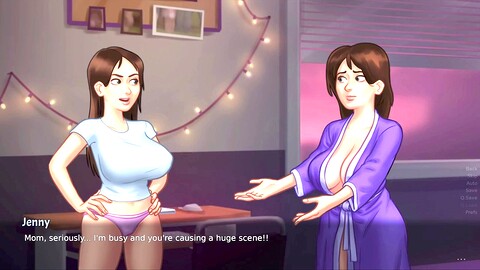 La demi-sœur regarde alors qu'un énorme membre se vide sur le visage de la belle-mère dans l'été saga.